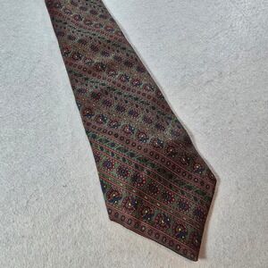 The Scotch House Mens Silk Tie Green Burgundy Medallion Stripe Made in UK